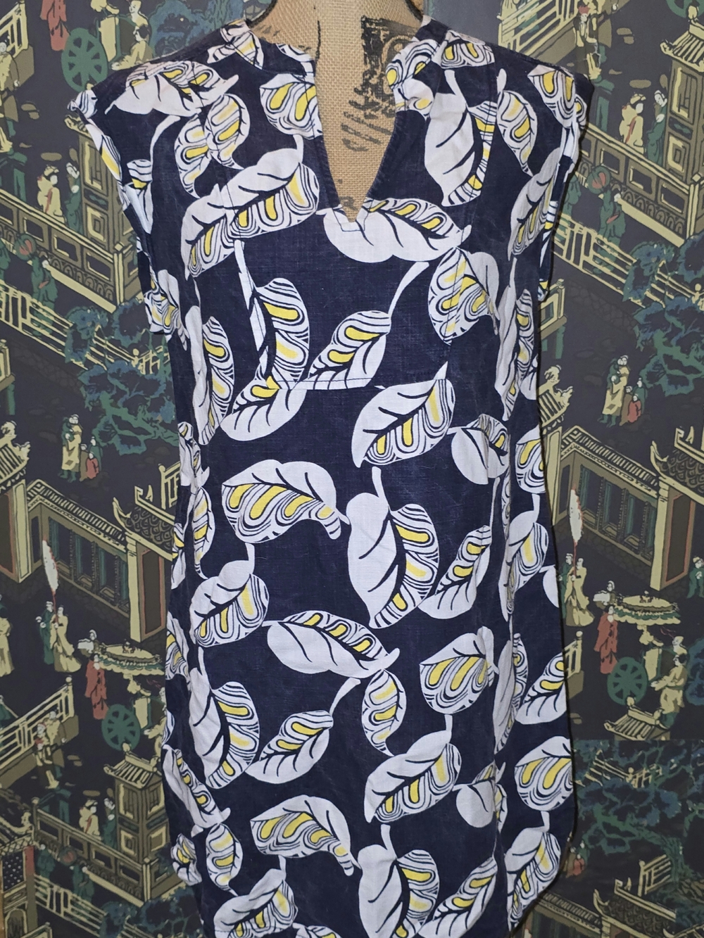 J CREW Tropical Frond Navy White Yellow Print Linen Shift Dress sz XS